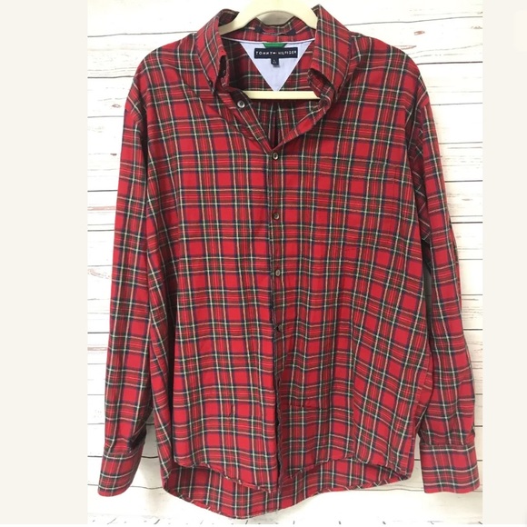 Tommy Hilfiger Button Large Red Green Plaid Shirt - Picture 1 of 5